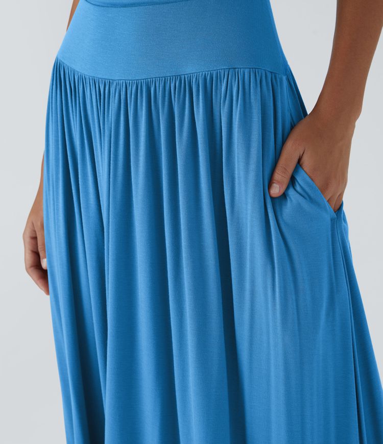 Ribbed Boat Neck Asymmetric Strap Ruched Pocket Flowy Maxi Casual Dress