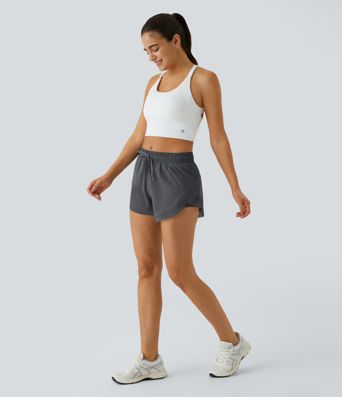 Mid Rise Drawstring Contrast Mesh 2-in-1 Flowy Running Shorts 3''