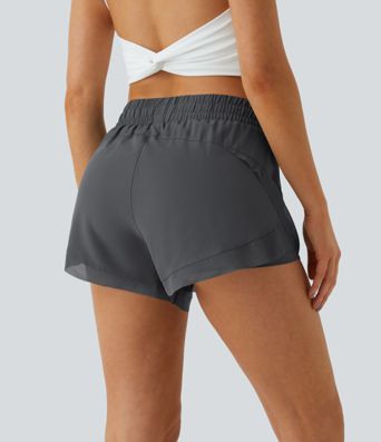 Mid Rise Drawstring Contrast Mesh 2-in-1 Flowy Running Shorts 3''