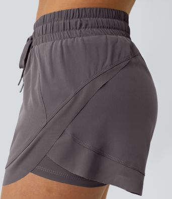 Mid Rise Drawstring Contrast Mesh 2-in-1 Flowy Running Shorts 3''
