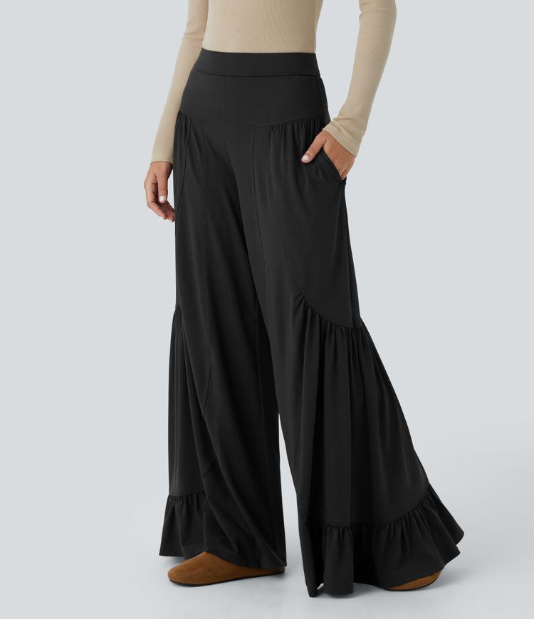 Mid Rise Pocket Ruffle Hem Wide Leg Palazzo Casual Pants