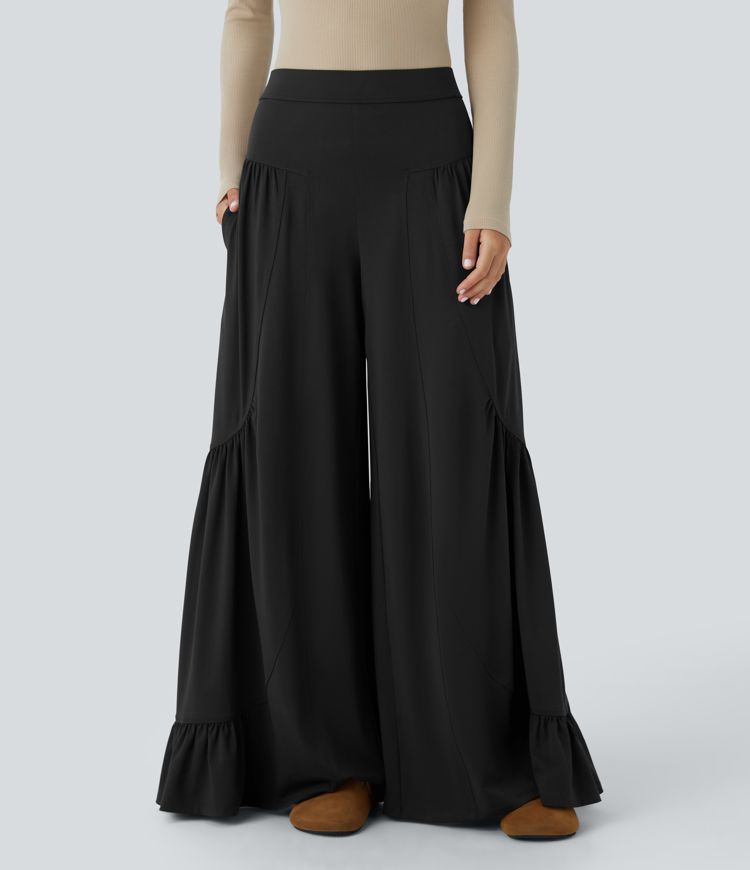 Pantalon palazzo décontracté taille mi-haute avec poches latérales, plis et volants