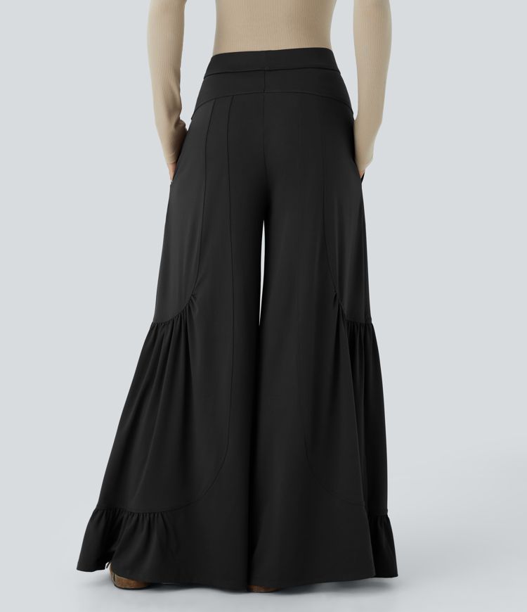 Mid Rise Pocket Ruffle Hem Wide Leg Palazzo Casual Pants