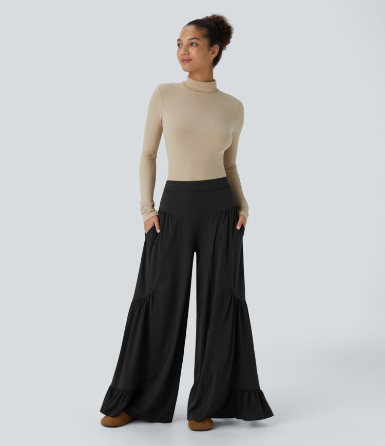 Mid Rise Pocket Ruffle Hem Wide Leg Palazzo Casual Pants