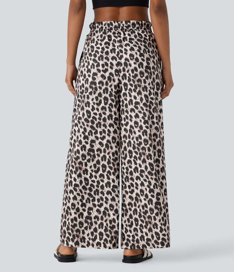 High Waisted Drawstring Side Pocket Leopard Print Wide Leg Casual Pants