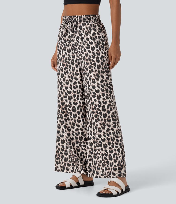 High Waisted Drawstring Side Pocket Leopard Print Wide Leg Casual Pants