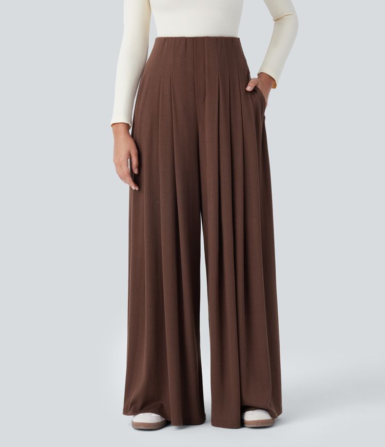 Ribbed Knit High Waisted Pleated Side Pocket Flowy Wide Leg Casual Pants
