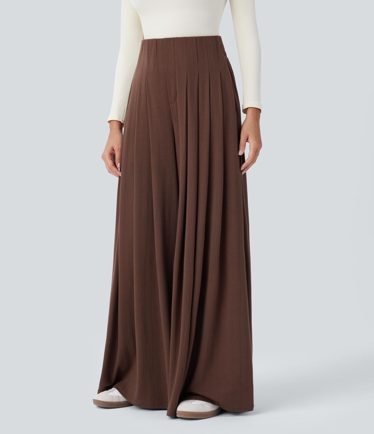 Ribbed knit high-waist pleated side pocket flowy wide casual pants