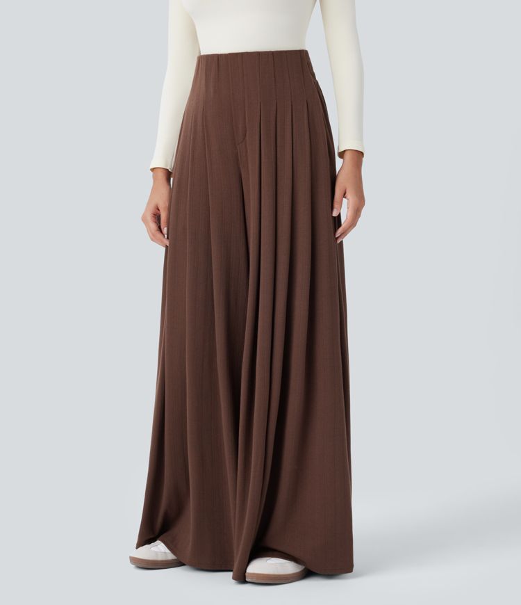 Ribbed knit high waist pleated side pocket flowy wide casual pants