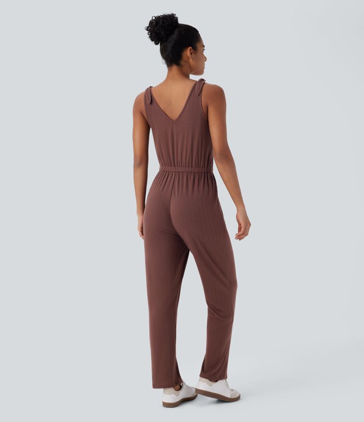 Ribbed Knit Knot V Neck Sleeveless Side Pocket Casual Jumpsuit