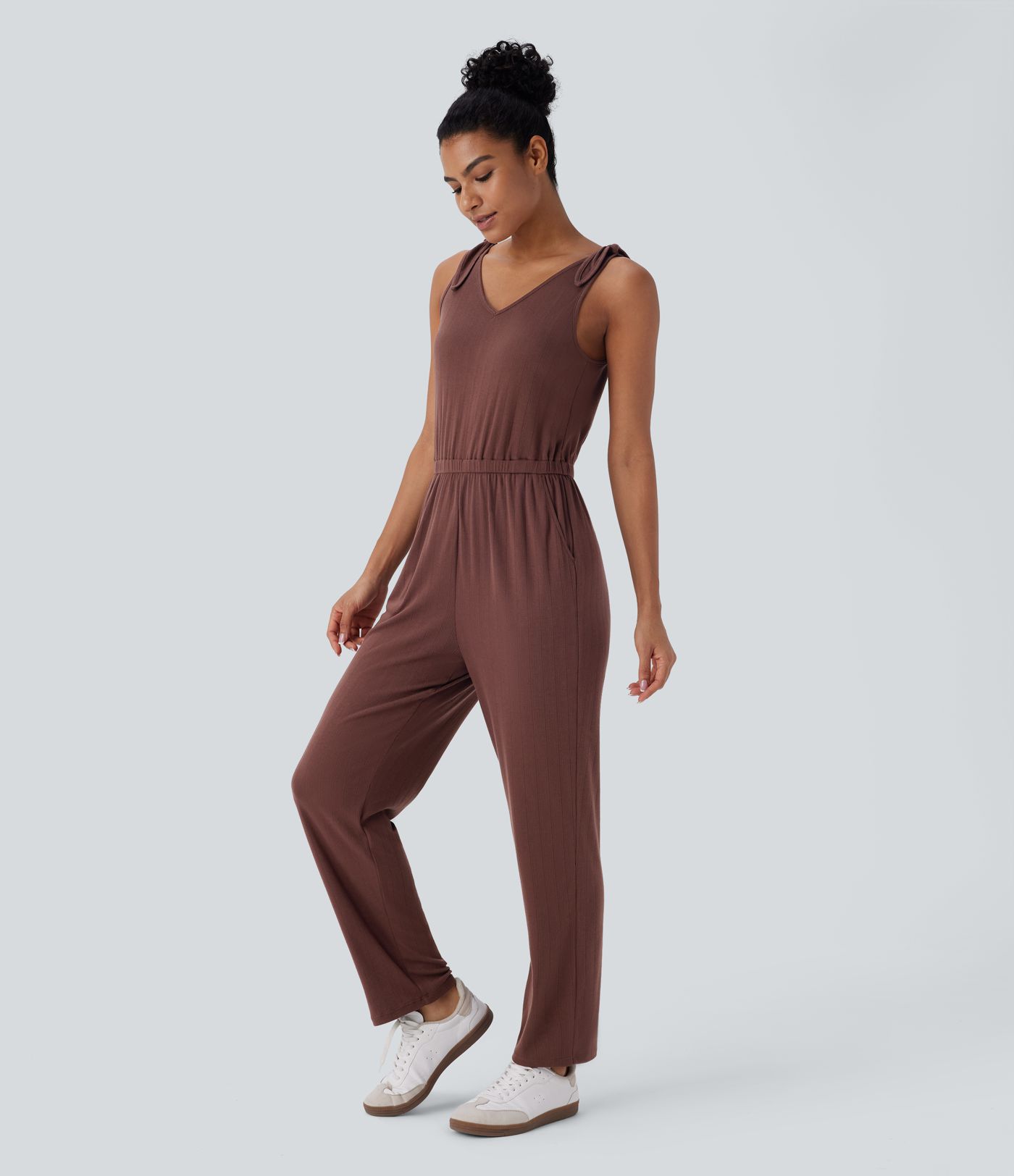 Ribbed Knit Knot V Neck Sleeveless Side Pocket Casual Jumpsuit