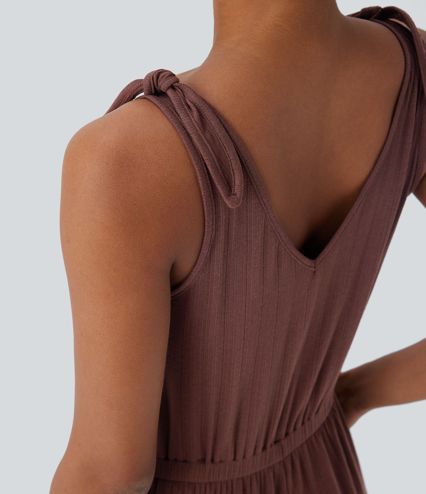 Ribbed Knit Knot V Neck Sleeveless Side Pocket Casual Jumpsuit