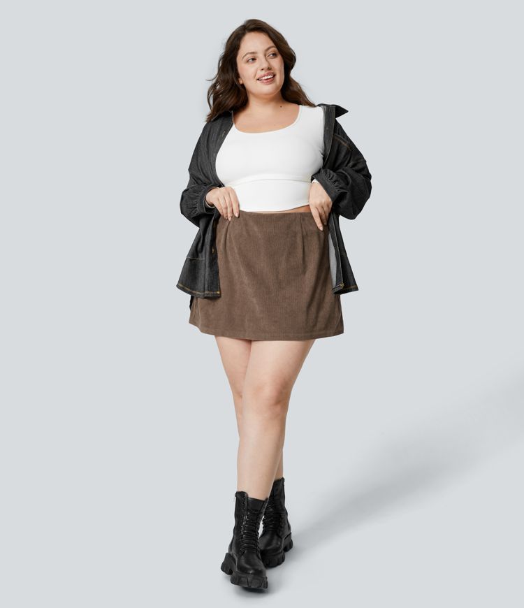 Jupe Casual Grande Taille en Velours Côtelé Mini à Taille Haute avec Fermeture Éclair Invisible 2 en 1