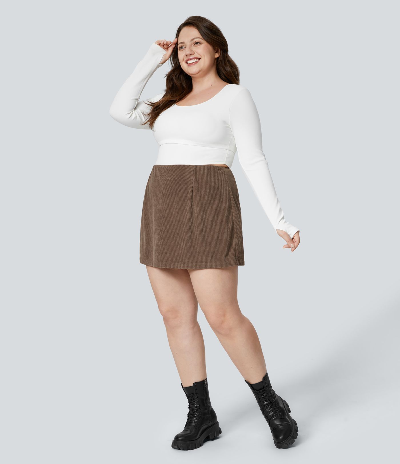 High Waisted 2-in-1 A Line Mini Corduroy Casual Plus Size Skirt