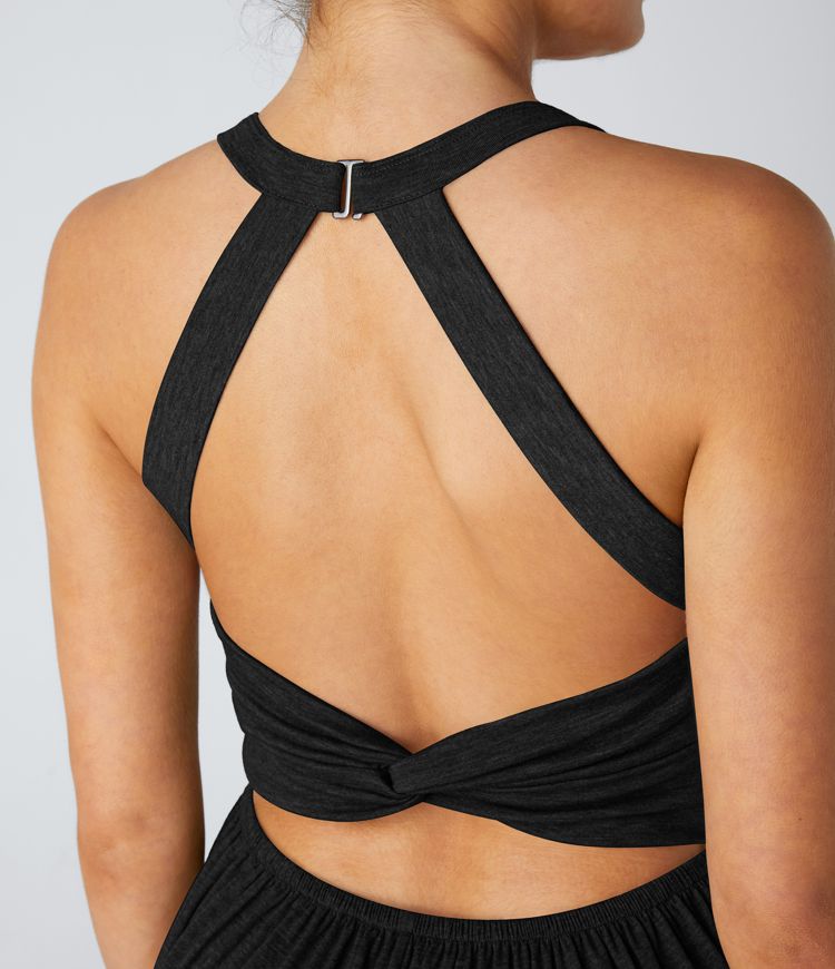 Backless Twisted U Neck Plicated Side Pocket Harem Casual Jumpsuit