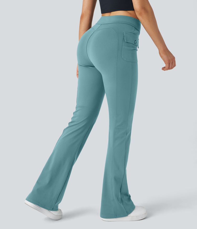 High Waisted Button Side Flap Pocket Flare Casual Cargo Pants