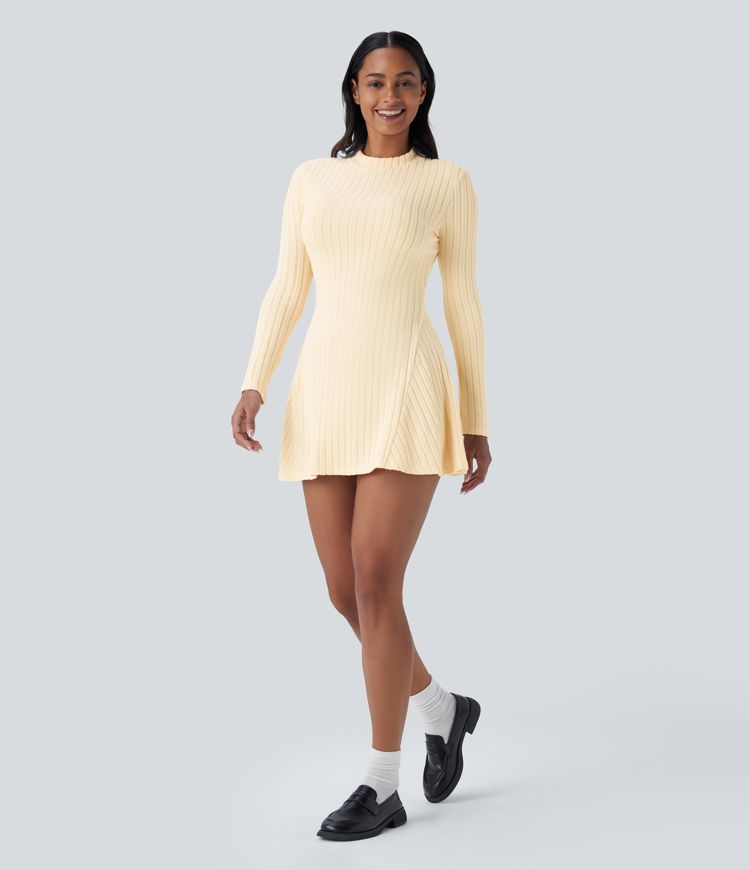 Ribbed Knit Stand Collar Long Sleeve Mini Casual Dress