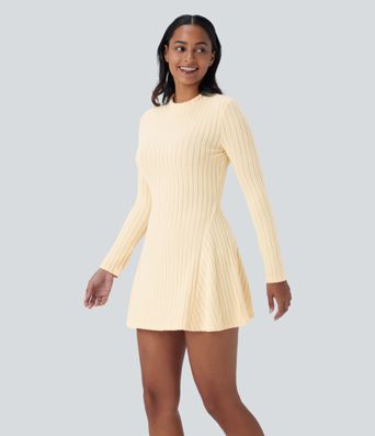 Ribbed Knit Stand Collar Long Sleeve Mini Casual Dress