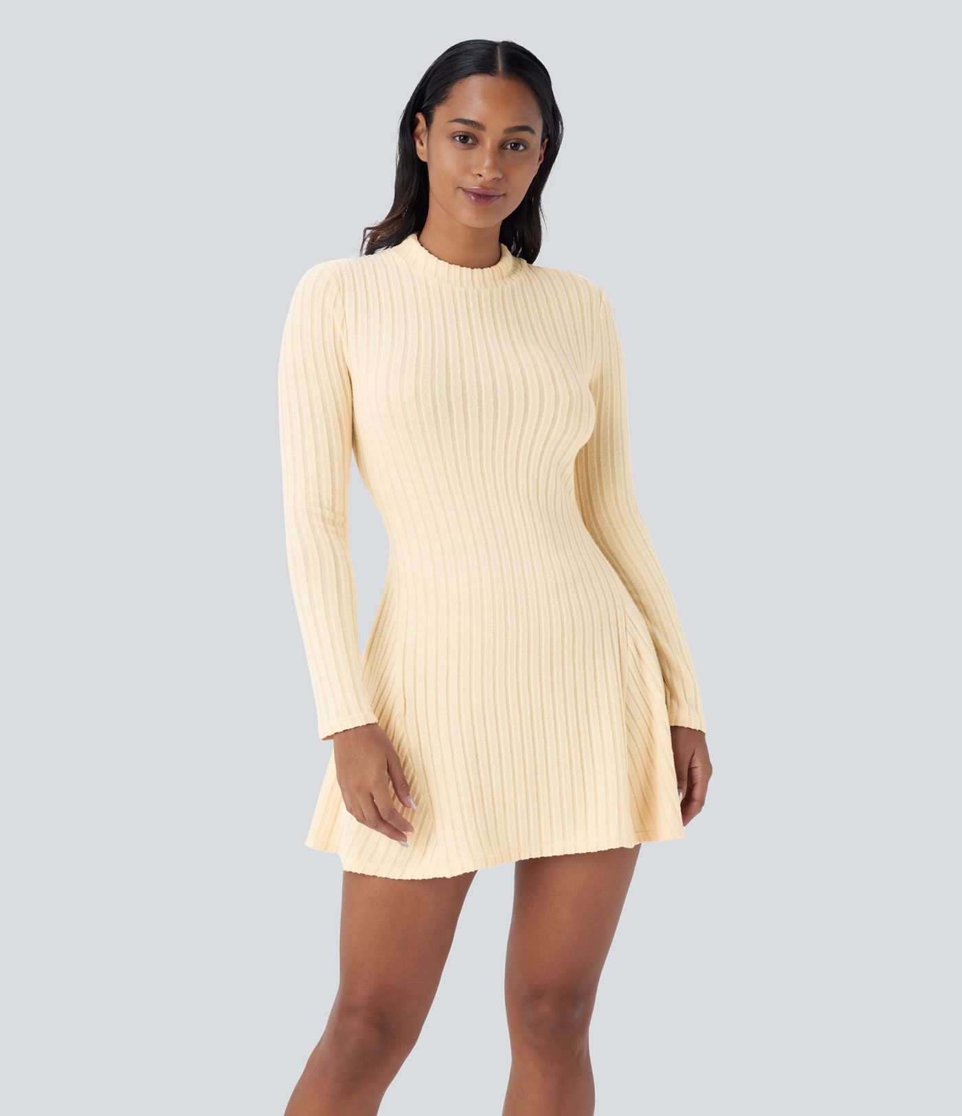 Ribbed Knit Stand Collar Long Sleeve Mini Casual Dress