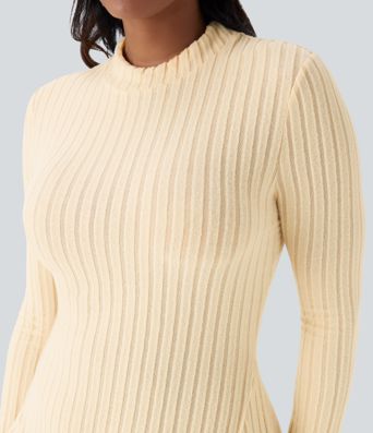Ribbed Knit Stand Collar Long Sleeve Mini Casual Dress