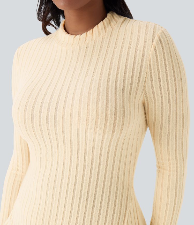 Ribbed Knit Stand Collar Long Sleeve Mini Casual Dress