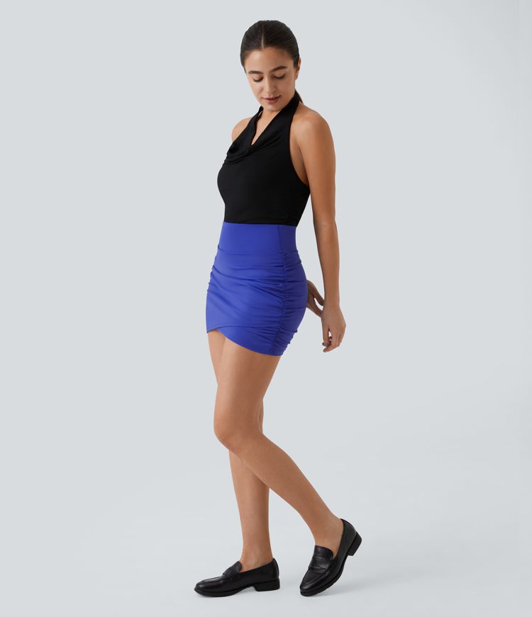 High Waist Bodycon Skirt with Side Pockets 2-in-1 Mini Length Ruched Casual Skirt