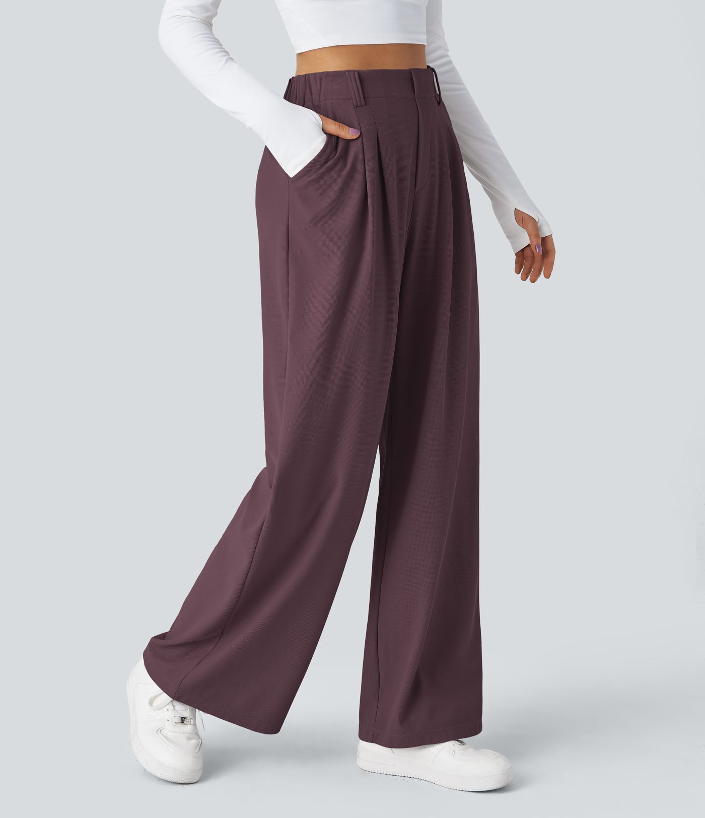 Pantalones Halara Flex™ de oficina anchos plisados de tiro alto con bolsillos en tela tipo gofre