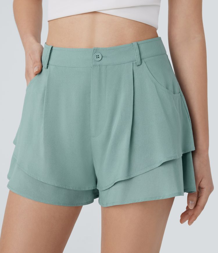 Pantalón corto resort tiro alto botón cremallera bolsillo lateral capa