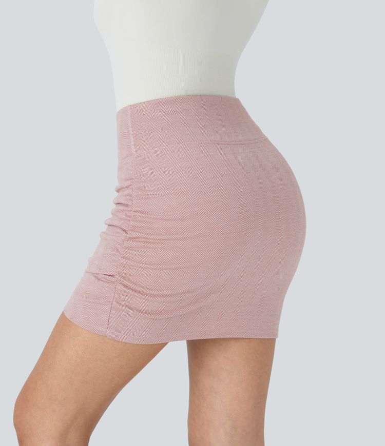 High Waisted Back Pocket Bodycon Ruched 2-in-1 Herringbone Mini Casual Skirt