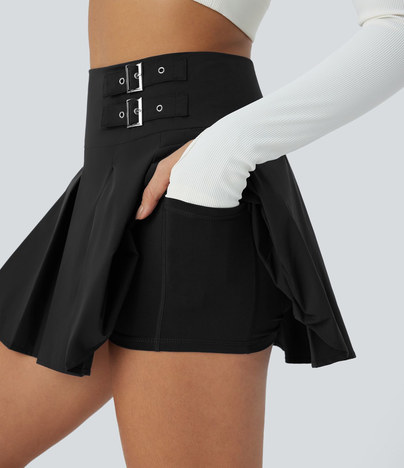 High Waisted Decorative Buckle 2-in-1 Pocket Pleated A Line Mini Dance Skirt