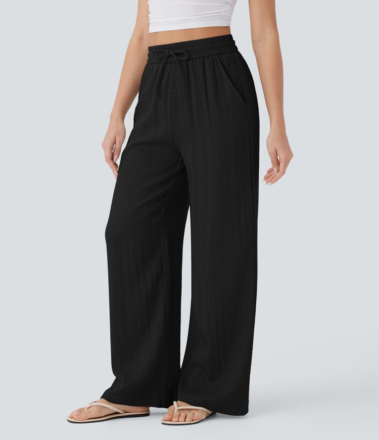 High Waisted Drawstring Side Pocket Wide Leg Casual Linen-Feel Pants