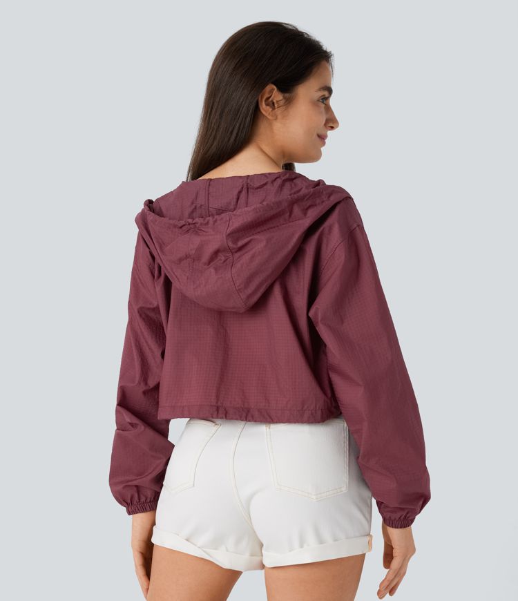 Hooded Drawstring Zipper Long Sleeve Side Pocket Adjustable Drawcord Cropped Casual Jacket-UPF40+