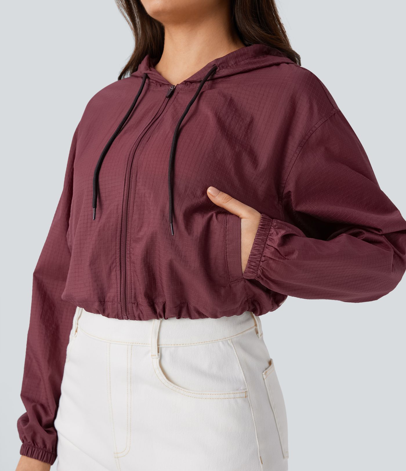 Hooded Drawstring Zipper Long Sleeve Side Pocket Adjustable Drawcord Cropped Casual Jacket-UPF40+