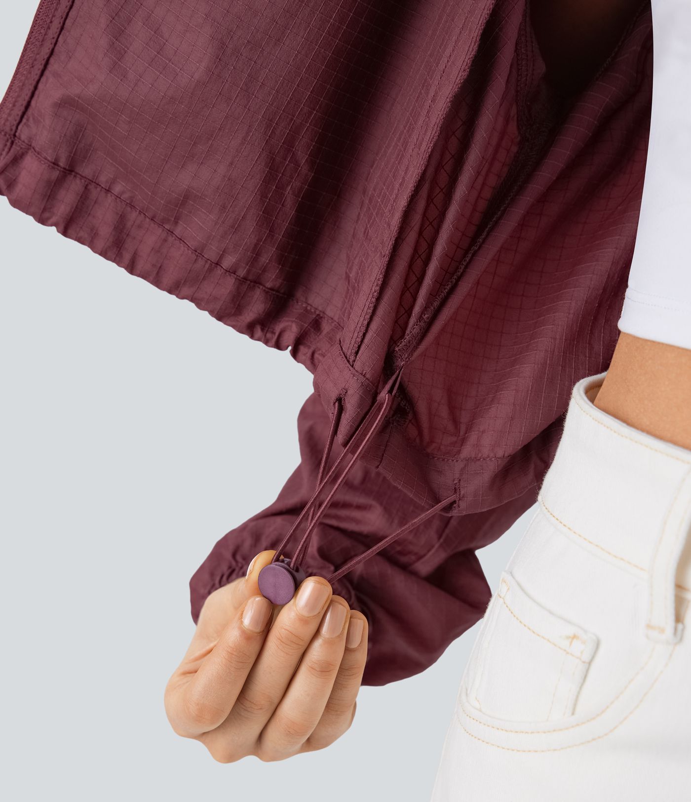 Hooded Drawstring Zipper Long Sleeve Side Pocket Adjustable Drawcord Cropped Casual Jacket-UPF40+