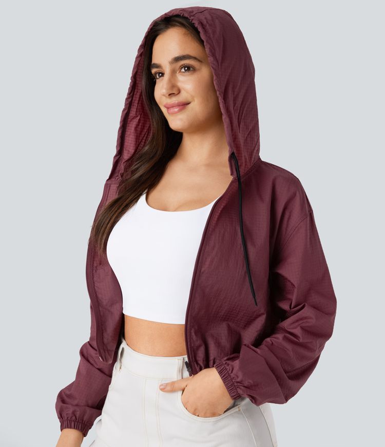Hooded Drawstring Zipper Long Sleeve Side Pocket Adjustable Drawcord Cropped Casual Jacket-UPF40+