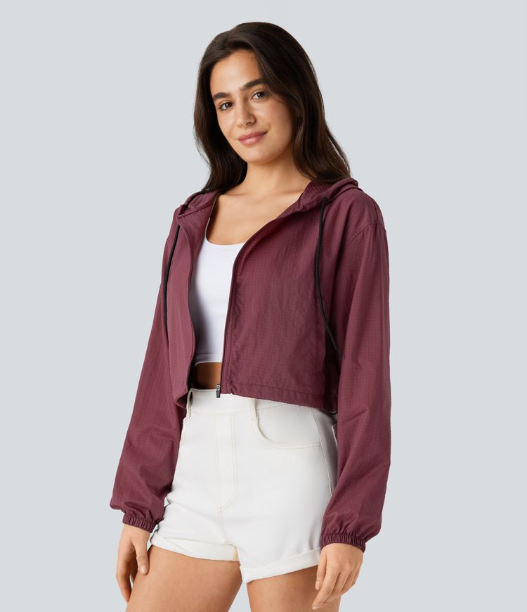 Hooded Drawstring Zipper Long Sleeve Side Pocket Adjustable Drawcord Cropped Casual Jacket-UPF40+