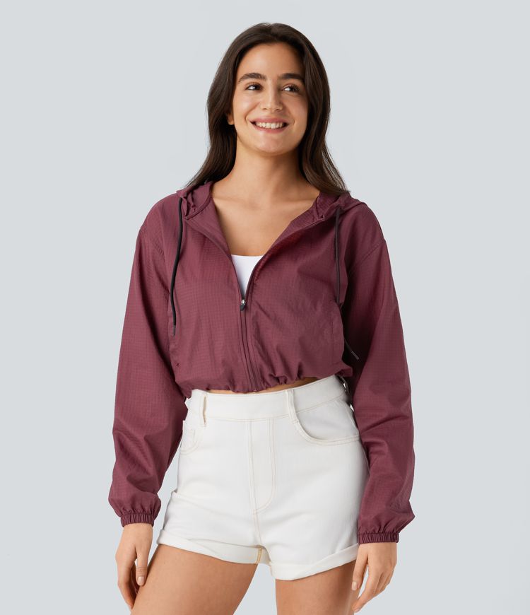 Hooded Drawstring Zipper Long Sleeve Side Pocket Adjustable Drawcord Cropped Casual Jacket-UPF40+