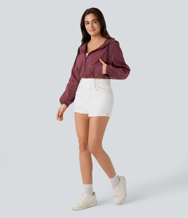 Hooded Drawstring Zipper Long Sleeve Side Pocket Adjustable Drawcord Cropped Casual Jacket-UPF40+