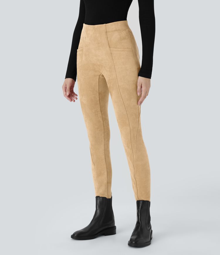 Legging décontracté en suédine taille haute, gainant, avec poches latérales