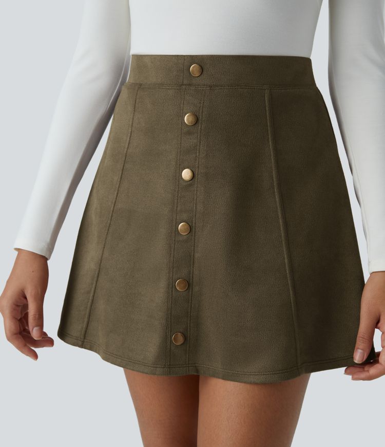 High Waisted Decorative Button 2-in-1 A Line Suede Mini Casual Skirt