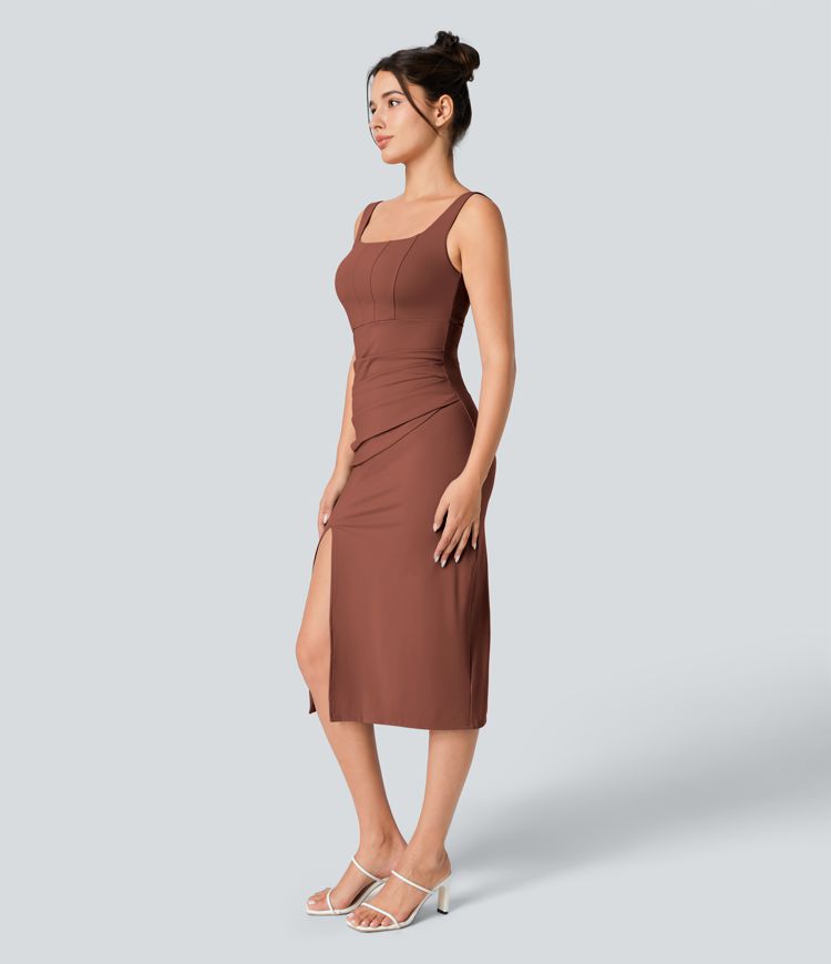 Square Neck Backless Corset Ruched Split Bodycon Midi Casual Dress
