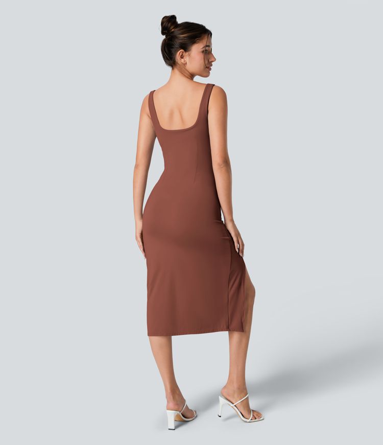Square Neck Backless Corset Ruched Split Bodycon Midi Casual Dress