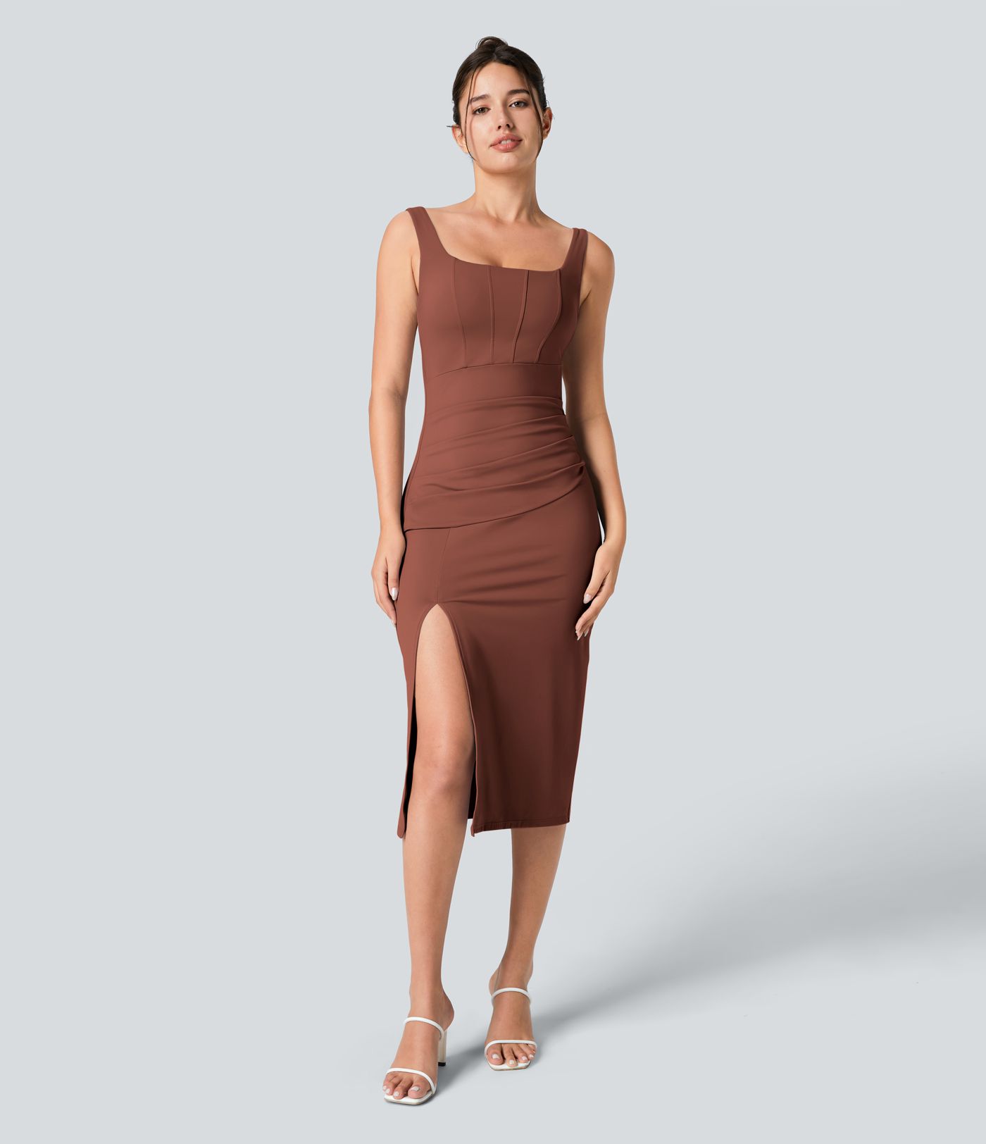 Softlyzero™ Airy Square Neck Backless Corset Ruched Split Bodycon Midi Cool Touch Bridesmaid and Wedding Guest Dress Softlyzero™ Airy Square Neck Backless Corset Ruched Split Bodycon Midi Cool Touch Bridesmaid and Wedding Guest Dress