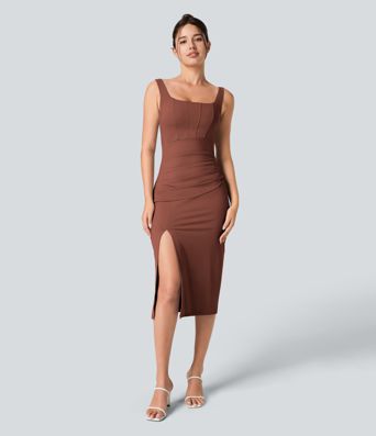 Softlyzero™ Airy Square Neck Backless Corset Ruched Split Bodycon Midi Cool Touch Bridesmaid and Wedding Guest Dress Softlyzero™ Airy Square Neck Backless Corset Ruched Split Bodycon Midi Cool Touch Bridesmaid and Wedding Guest Dress