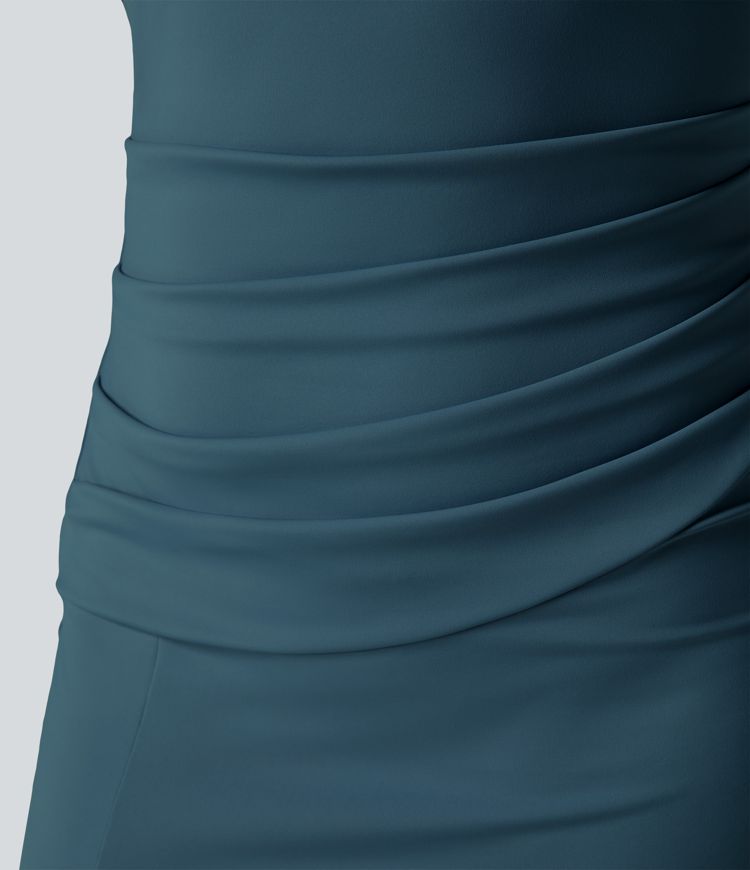 Robe Casual Midi Corset Moulante Encolure Carrée Dos Nu Ruchée