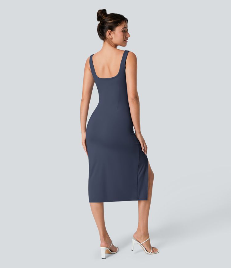 Square Neck Backless Corset Ruched Split Bodycon Midi Casual Dress