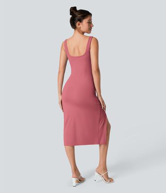 Softlyzero™ Airy Square Neck Backless Corset Ruched Split Bodycon Midi Cool Touch Bridesmaid and Wedding Guest Dress