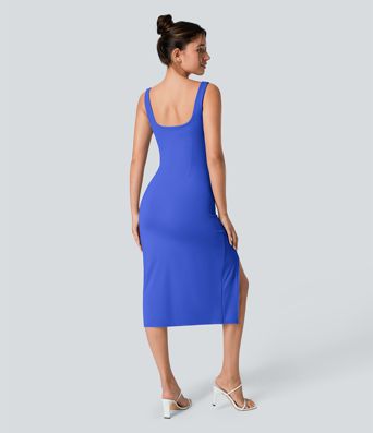 Softlyzero™ Airy Square Neck Backless Corset Ruched Split Bodycon Midi  Bridesmaid and Wedding Guest Dress