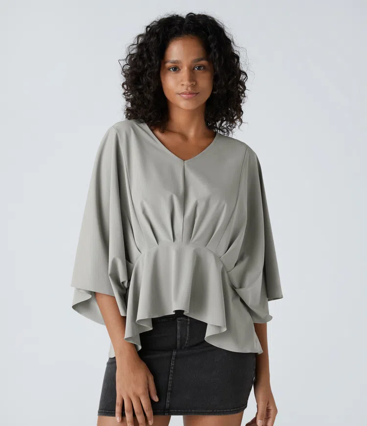 Breezeful V Neck Batwing Sleeve Plicated Ruffle Hem Quick Dry Casual Peplum Top