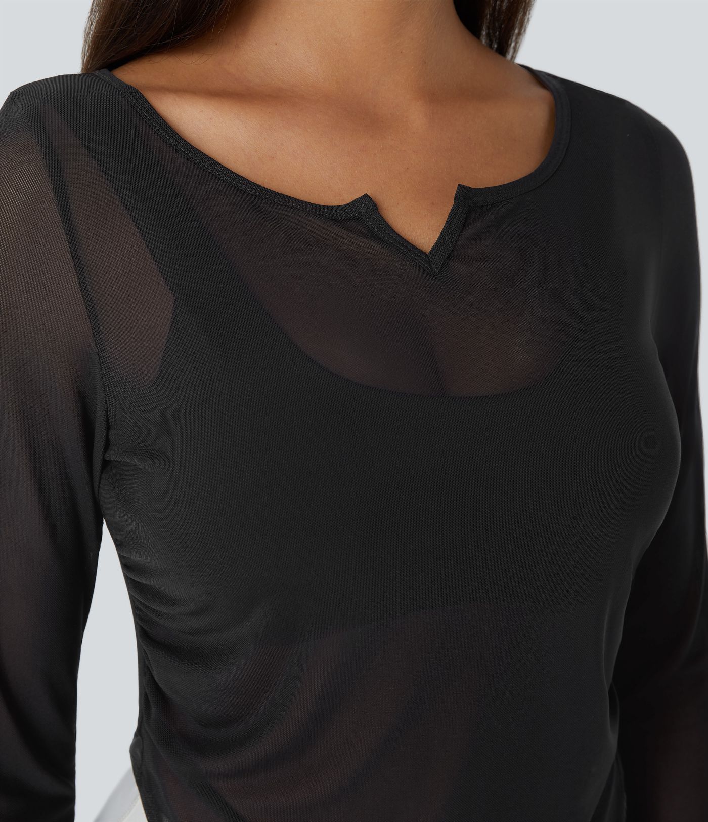 Sheer Mesh V Notch Long Sleeve Ruched Curved Hem Yoga Sports Top